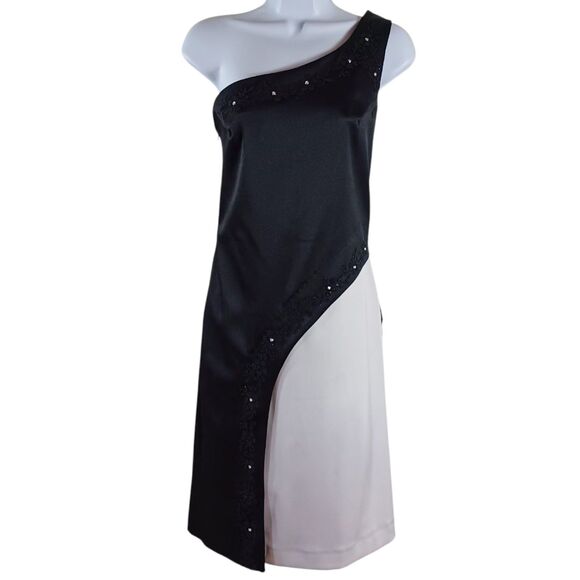 Rampage One-Shoulder Black Satin Dress 7 Beaded Asymmetrical Y2K Glam Cocktail - Picture 2 of 10